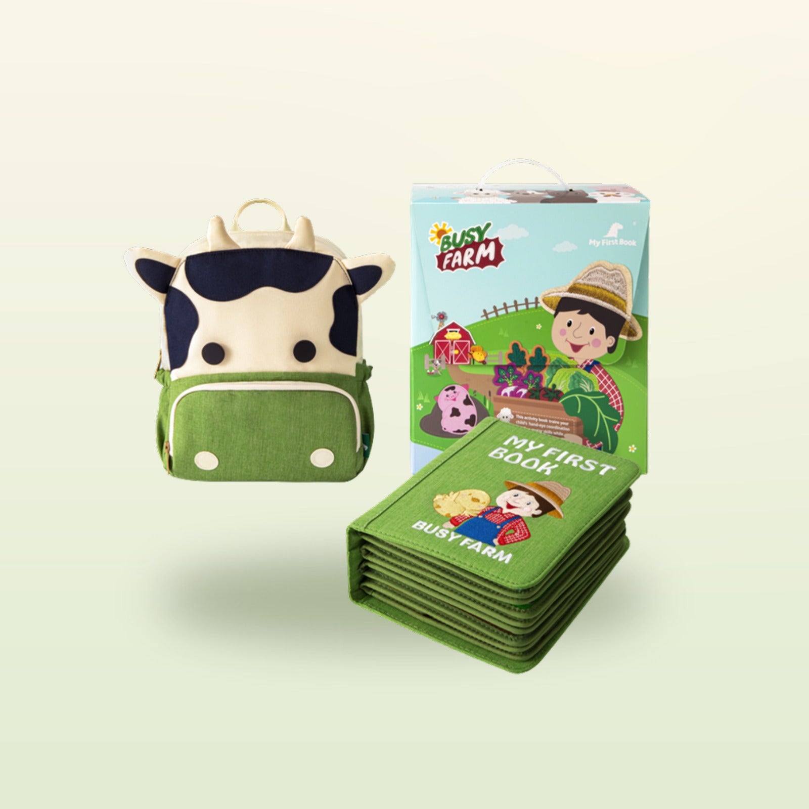 My First Book Bauernhof Quiet Book Set – Kinder-Rucksack, Buch und Geschenkbox auf sanftem Wiesen-Hintergrund