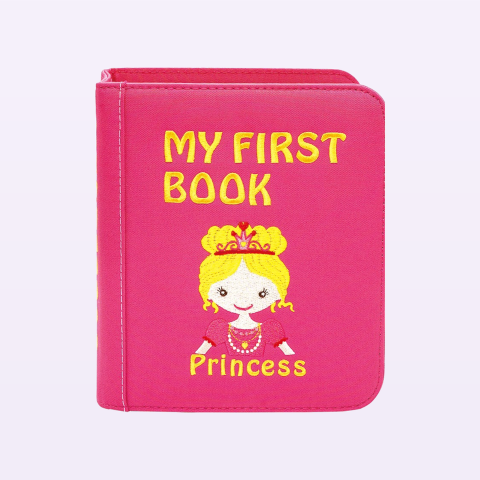 Prinzessin Quiet Book geschlossen – pinkes MY-FIRST-BOOK-Cover mit Prinzessin auf sanftem Lavendel-Hintergrund