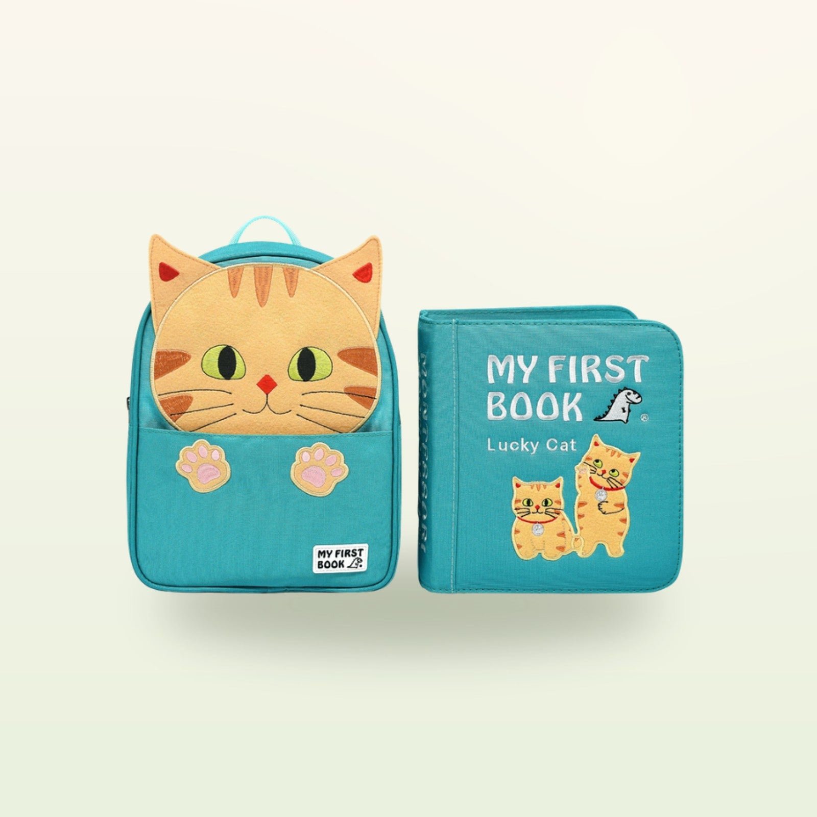Glückliche Katze Quiet Book mit passendem Katzen-Rucksack und Stoffbuch-Cover auf sanftem Creme-Hintergrund – ab 1 Jahr