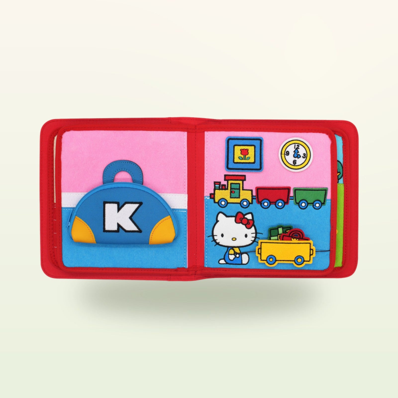 Hello Kitty Quiet Book Einkauf-Doppelseite auf sanftem Creme-Hintergrund – ab 3 Jahren