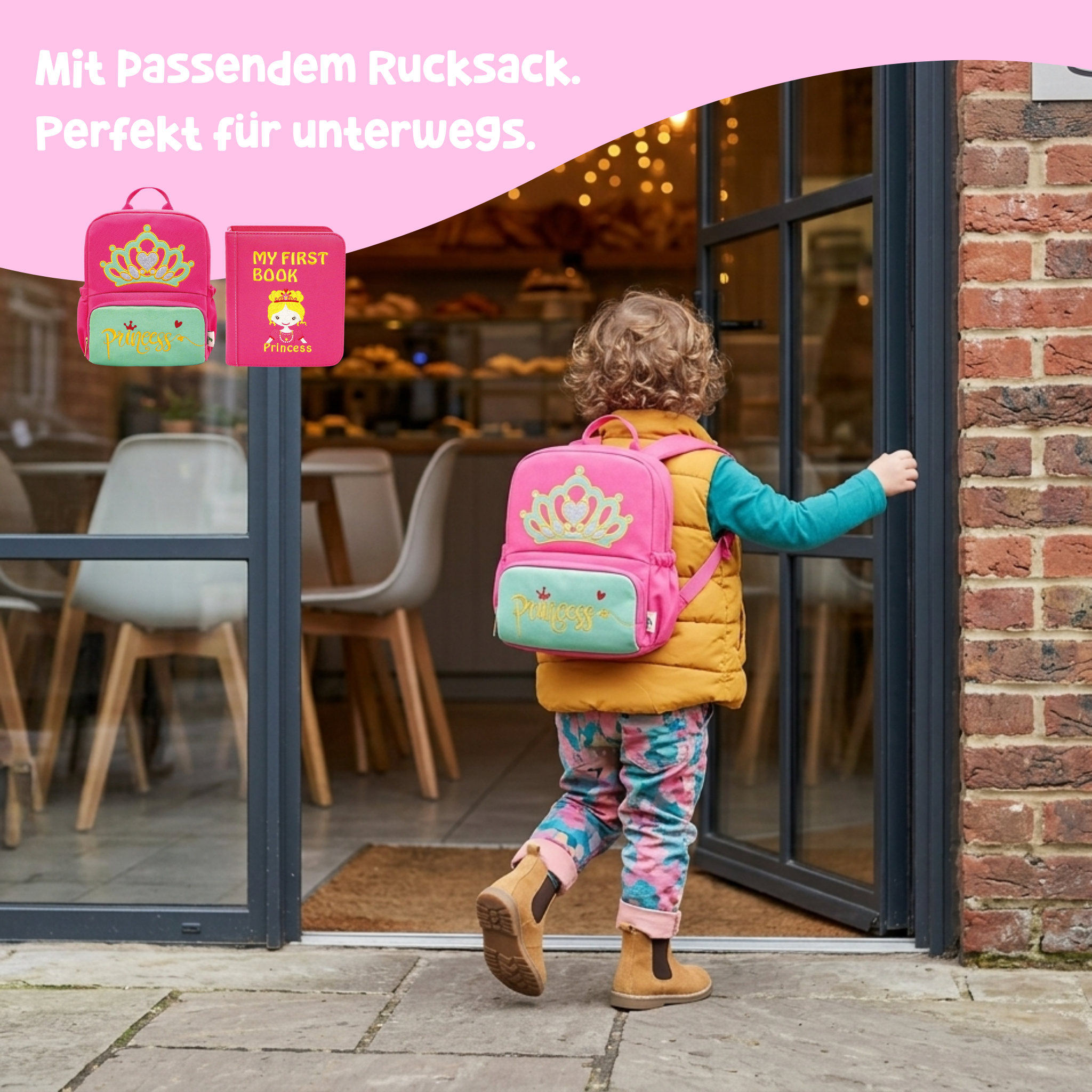 Kind trägt den passenden pinken Prinzessin-Rucksack – Montessori Quiet Book mit passendem Rucksack, komplettes Set für unterwegs ab 3 Jahren
